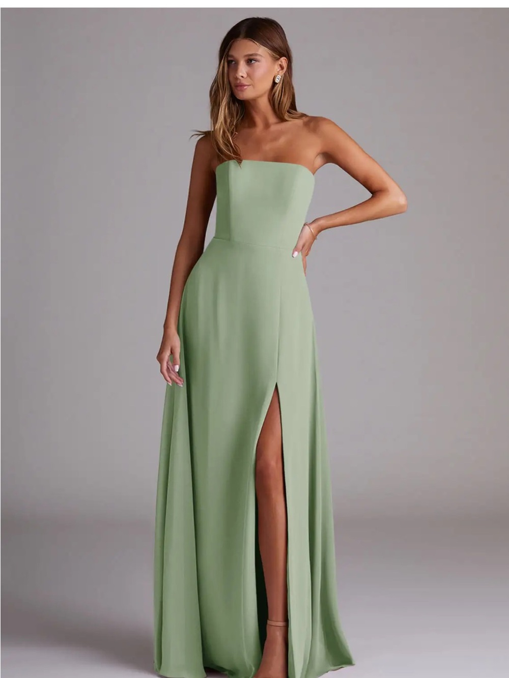 Azazie Sage Green Strapless Evening Gown
